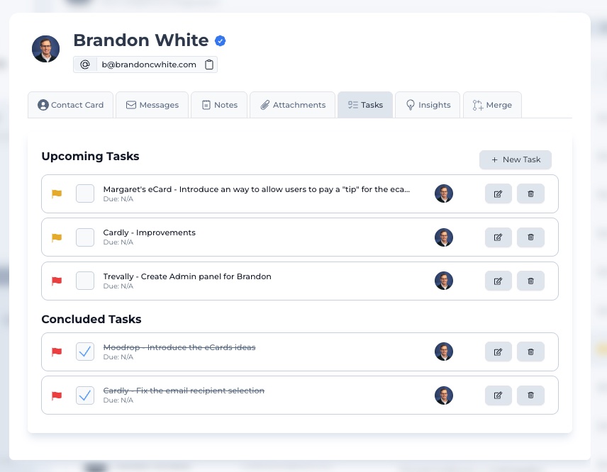 A contact card's Tasks tab listing that person's related tasks