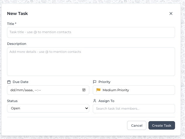 The New Task form with due date, priority, status and assignee