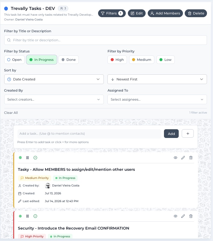 The advanced filters panel with status, priority, creator and assignee