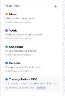 The task lists sidebar with Ideas, Work, Shopping, Personal and a shared list