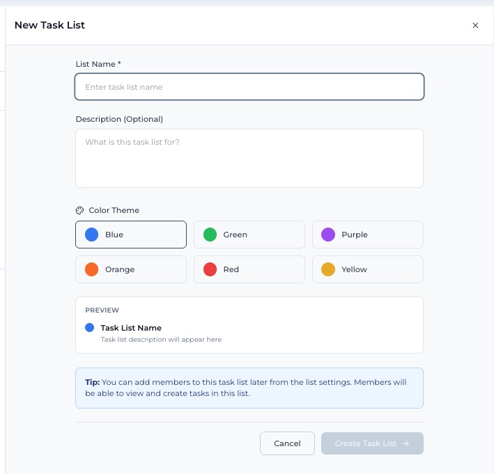 The New Task List dialog with name, description and color theme