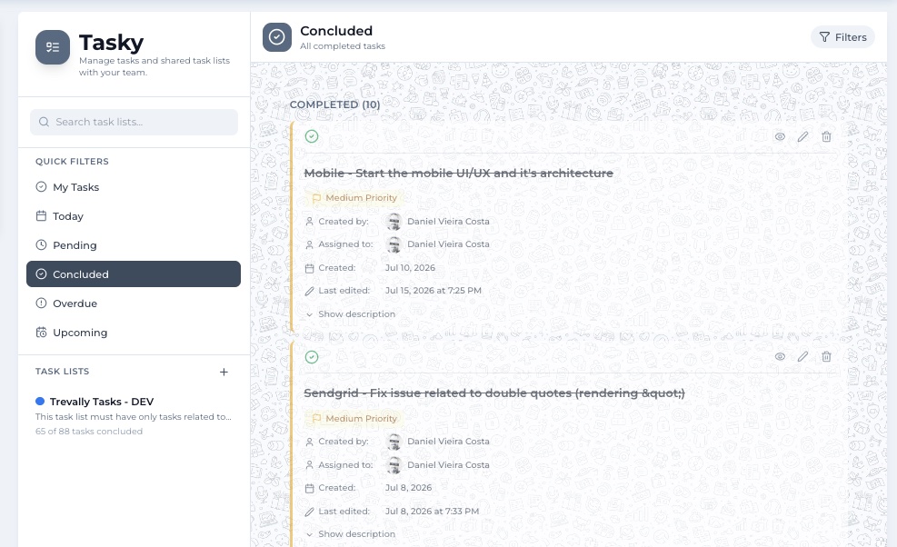 The Concluded quick filter listing completed tasks