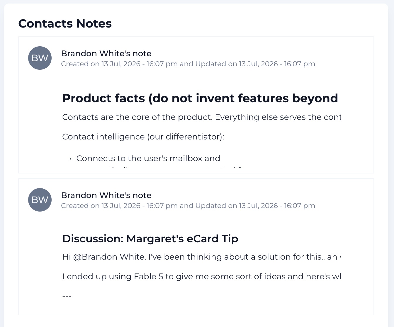 Recent notes across contacts shown on the dashboard