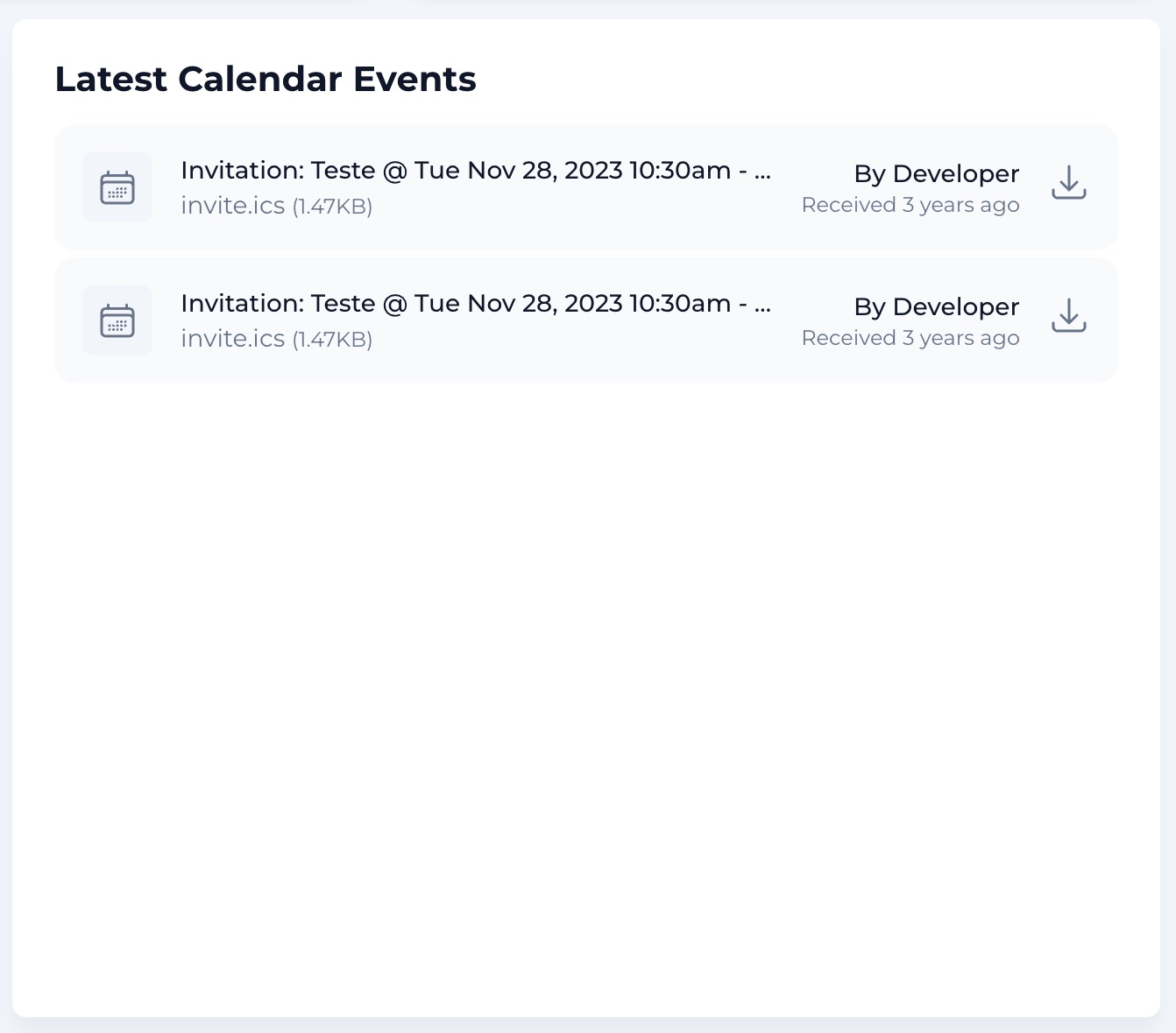 Latest calendar events extracted from synced invitations