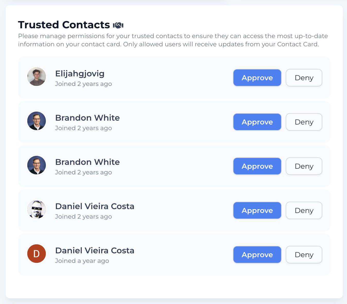 Pending trusted contact requests with approve and deny buttons