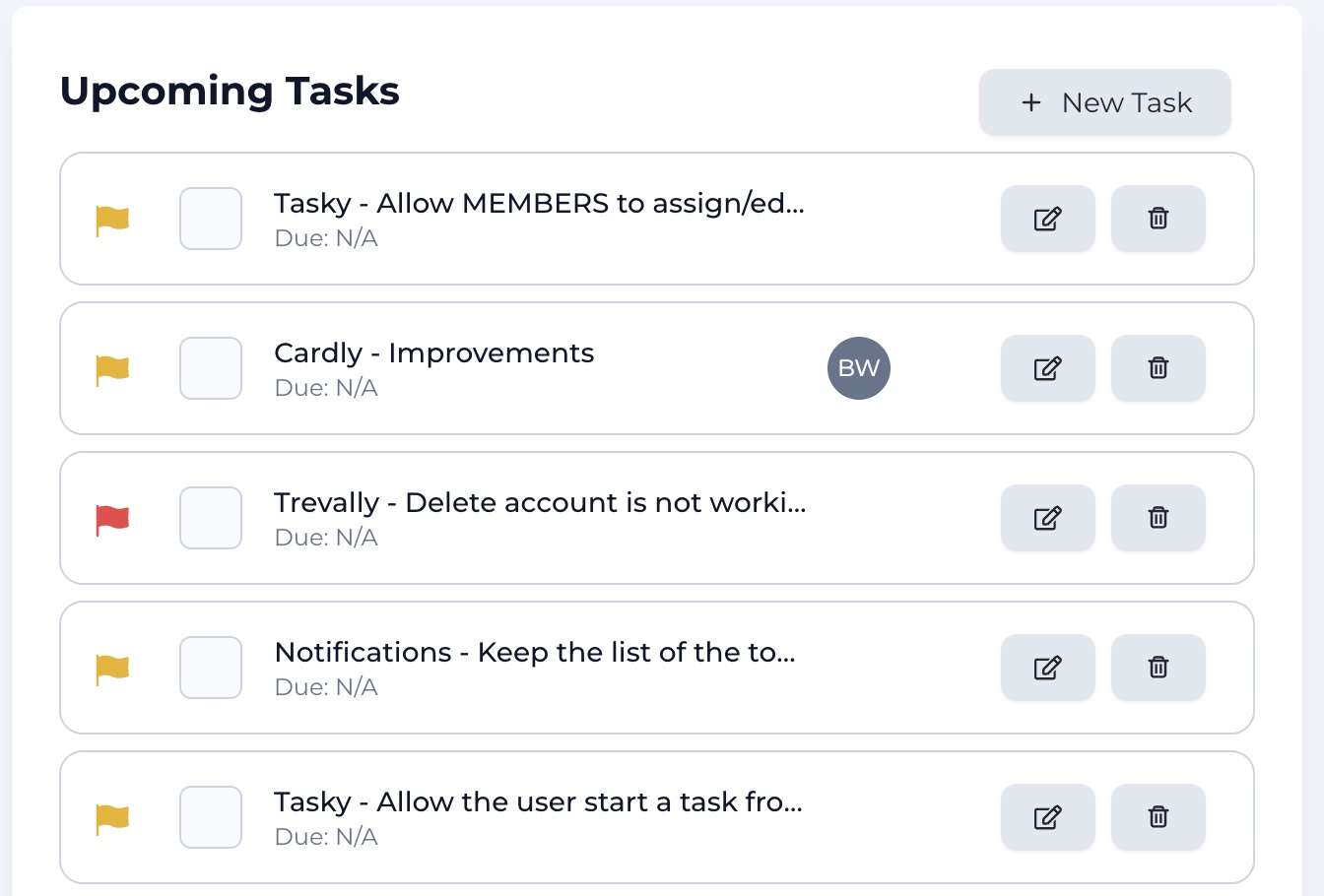 Upcoming tasks with priority flags and quick actions