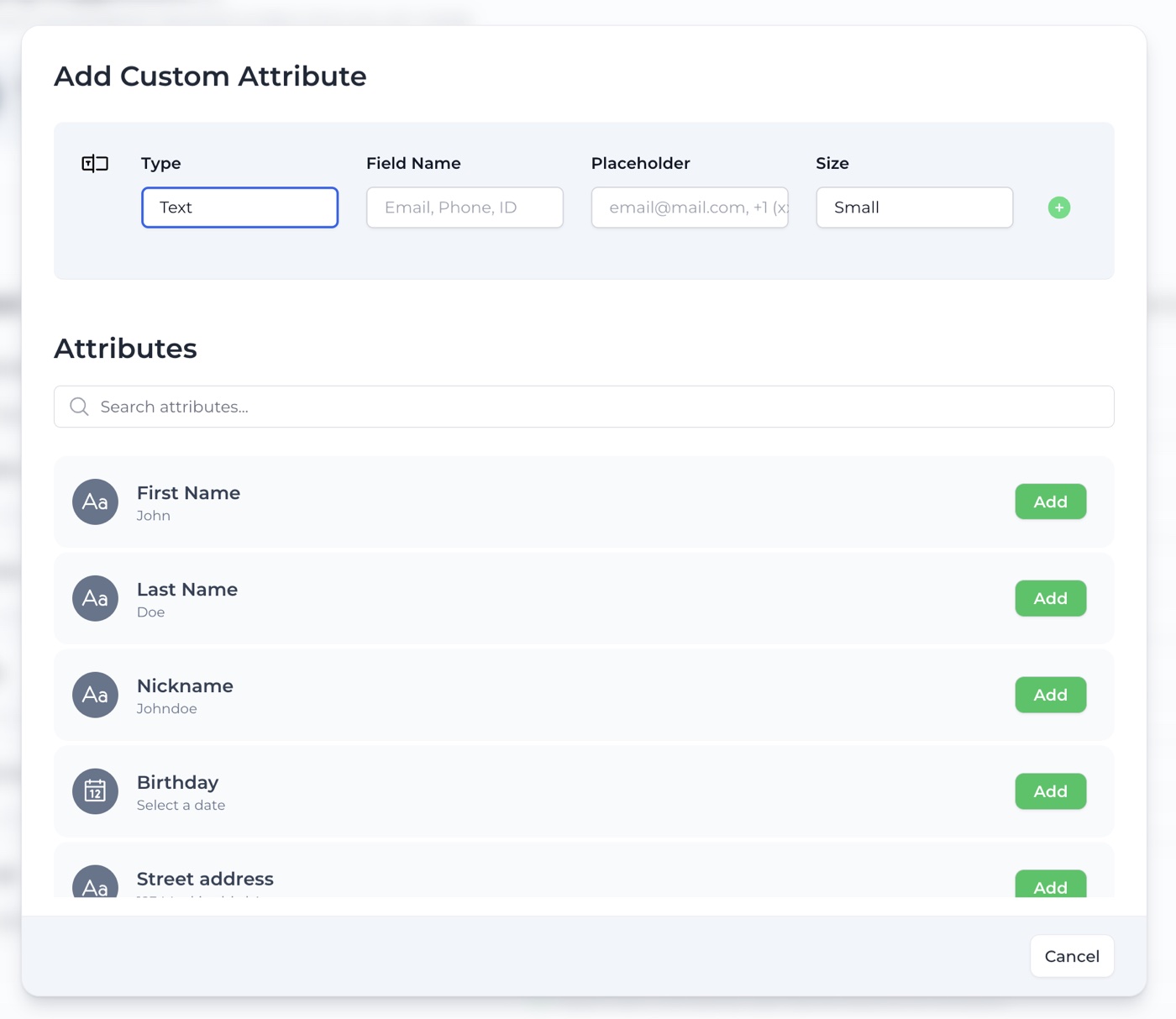 The Add Custom Attribute dialog with a searchable catalog and custom field builder