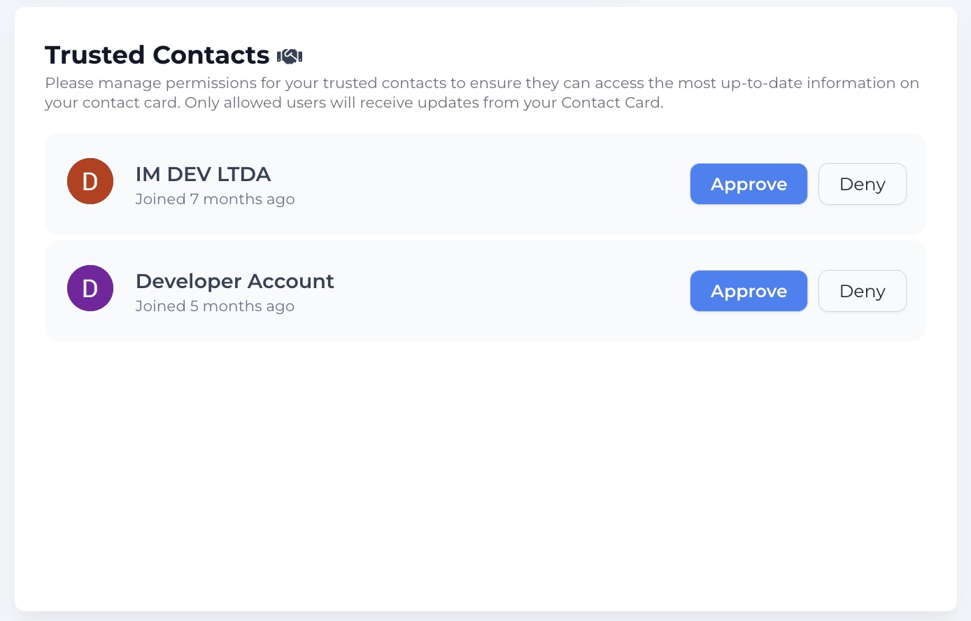 The Trusted Contacts widget with pending approval requests